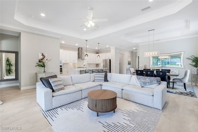 Living room with a raised ceiling, ceiling fan, or