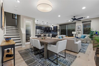 Dining space with light wood finished floors, rece