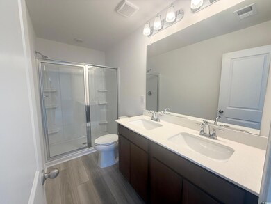 Full bathroom featuring dark wood-style flooring, double vanity, and a stall shower