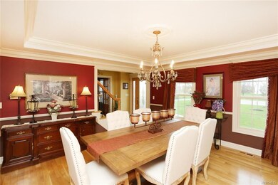 Elegant formal dining room with tray ceiling, cust