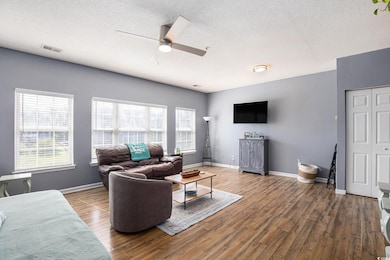 Living room with ceiling fan, plenty of natural light, wood finished floors, a textured ceiling, and baseboards