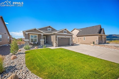 Craftsman inspired home with covered porch, stucco siding, stone siding, a front yard, and concrete driveway