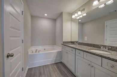 Full bathroom featuring a bath, wood finished floors, and double vanity
