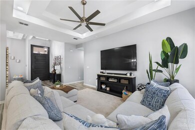 Living area featuring a raised ceiling, a ceiling fan, and wood finished floors