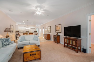 Living area with light colored carpet, ornamental 