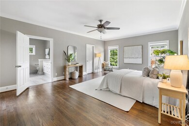 Primary 1st floor Bedroom with ceiling fan, dark h