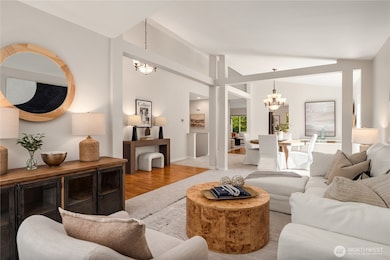 The vaulted ceilings tie in with the open beams and posts creating a brilliant architectural display.