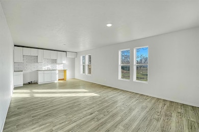 Unfurnished living room featuring baseboards, light wood-type flooring, and a sink