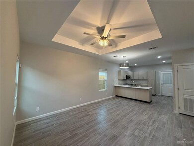 Kitchen with sink, hanging light fixtures, hardwood / wood-style flooring, ceiling fan, and a tray ceiling