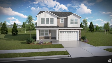 View of front of property with stone siding, covered porch, board and batten siding, and a front lawn