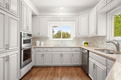 Kitchen with light stone counters, white cabinetry, stainless steel appliances, dark wood-style floors, and recessed lighting