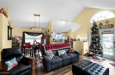 Living room with plenty of natural light, high vaulted ceiling, wood finished floors, and track lighting