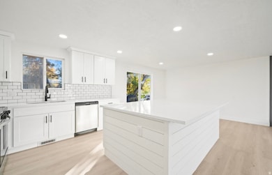 Kitchen featuring light wood finished floors, white cabinetry, appliances with stainless steel finishes, recessed lighting, and a kitchen island