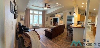 Living area with a ceiling fan, dark wood finished floors, recessed lighting, lofted ceiling, and a tray ceiling