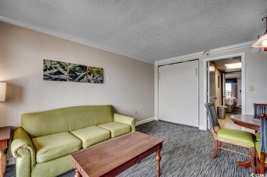 Tiled living room with a textured ceiling and orna