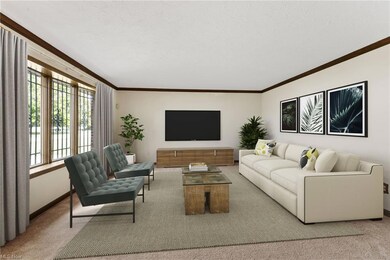 Living room with ornamental molding and light carp