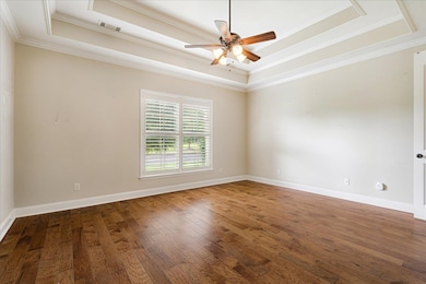 Empty room featuring a raised ceiling, crown molding, a ceiling fan, and hardwood / wood-style floors