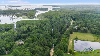 Aerial view of property and surrounding area with a nearby body of water and a forest
