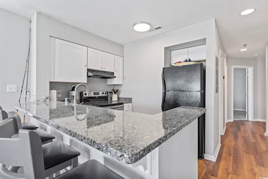 Kitchen featuring under cabinet range hood, freestanding refrigerator, a peninsula, stainless steel electric range oven, and stone countertops