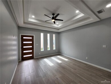 Foyer entrance featuring ornamental molding, ceiling fan, and a raised ceiling