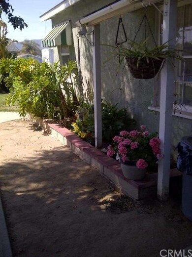 BACK OF HOUSE WITH PLANTERS AND TREES.