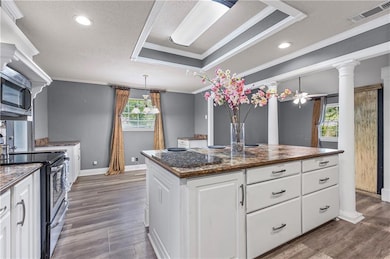 Kitchen featuring white cabinetry, ornamental molding, stainless steel appliances, a raised ceiling, and decorative light fixtures