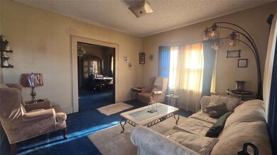 Carpeted living room with a textured ceiling