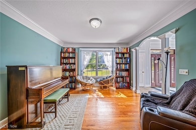 Living room with arched walkways, crown molding, a textured ceiling, decorative columns, and light wood finished floors