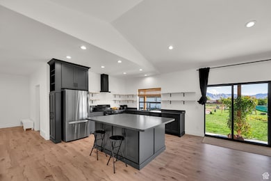 Kitchen with open shelves, a kitchen breakfast bar, recessed lighting, a kitchen island, and freestanding refrigerator