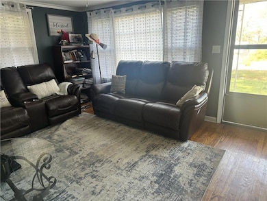Living room with crown molding and wood-type floor