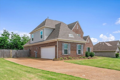 View of front of home with brick siding, a shingled roof, a garage, and concrete driveway