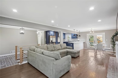 Living room with crown molding, dark hardwood / wood-style flooring, french doors, and sink