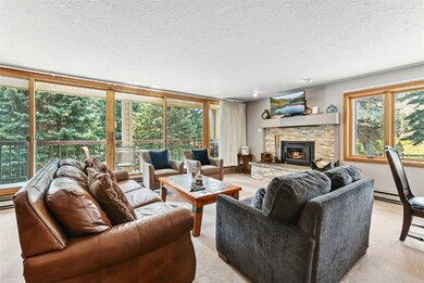 Carpeted living room featuring a stone fireplace, a textured ceiling, and a baseboard radiator