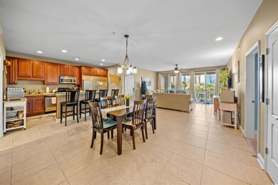 Tiled dining area with sink