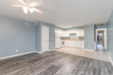 Kitchen with ceiling fan, sink, light hardwood / w
