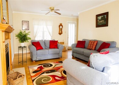 Living room; Crown molding; Ceiling fan; Door to d