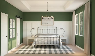 Primary suite with decorative feature wall and crown moulding