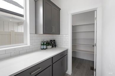 Kitchen featuring gray cabinets, light countertops, dark wood-type flooring, and backsplash