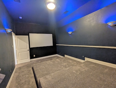 Carpeted home theater with 5.1 surround and projecter conveys