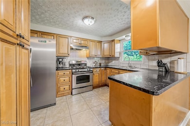 Kitchen featuring backsplash, appliances with stainless steel finishes, a peninsula, dark stone counters, and a textured ceiling