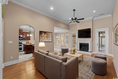 Living area featuring a fireplace with raised hearth, a healthy amount of sunlight, ceiling fan with notable chandelier, and light wood finished floors