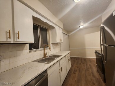 Kitchen with stainless steel appliances, decorative backsplash, a textured ceiling, dark wood finished floors, and white cabinetry