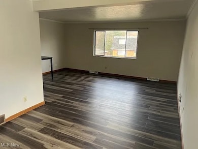 Spare room featuring crown molding, dark wood-type flooring, and a textured ceiling