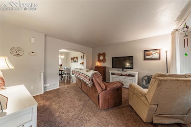 Carpeted living room featuring an inviting chandel