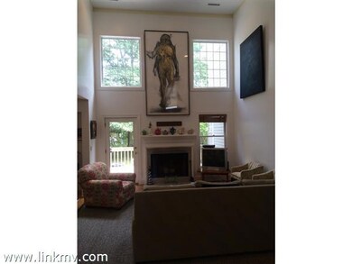 Soaring cathedral ceiling living room with fireplace, open to exterior decking