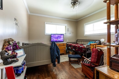 Bedroom featuring wood finished floors and ornamental molding
