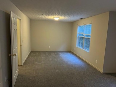 Spare room featuring dark colored carpet and a textured ceiling