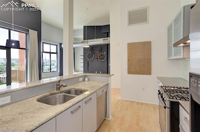 Granite countertops, stainless steel appliances, and an island