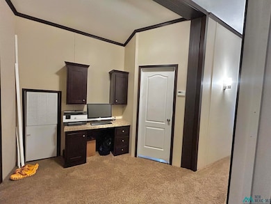 Unfurnished office with ornamental molding and light colored carpet