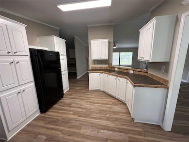 Kitchen with light wood-style floors, crown moldin